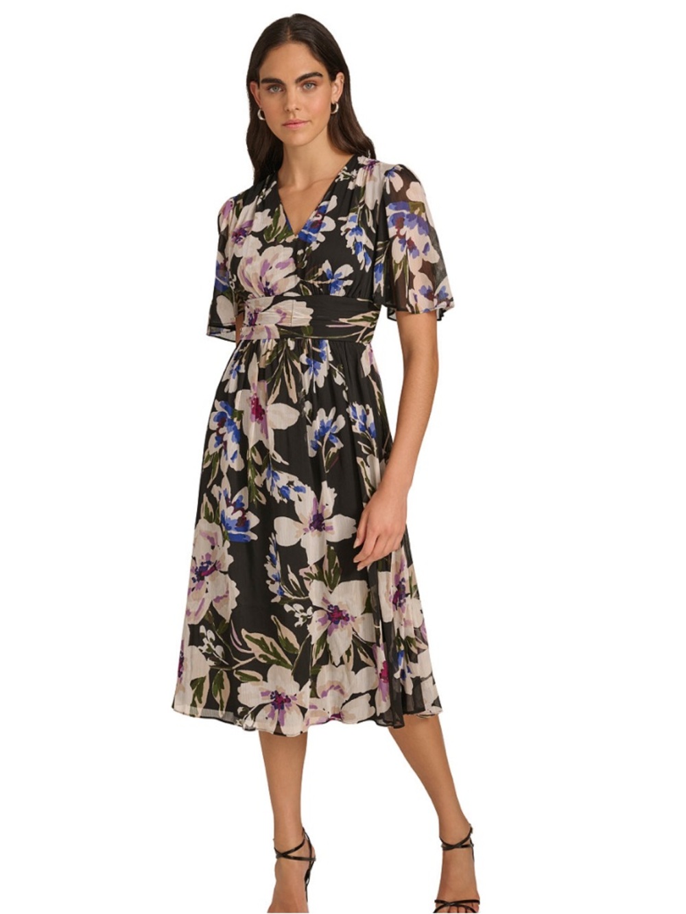 Calvin Klein Floral Chiffon Dress 14W NWT Flutter Sleeve Midi Black
